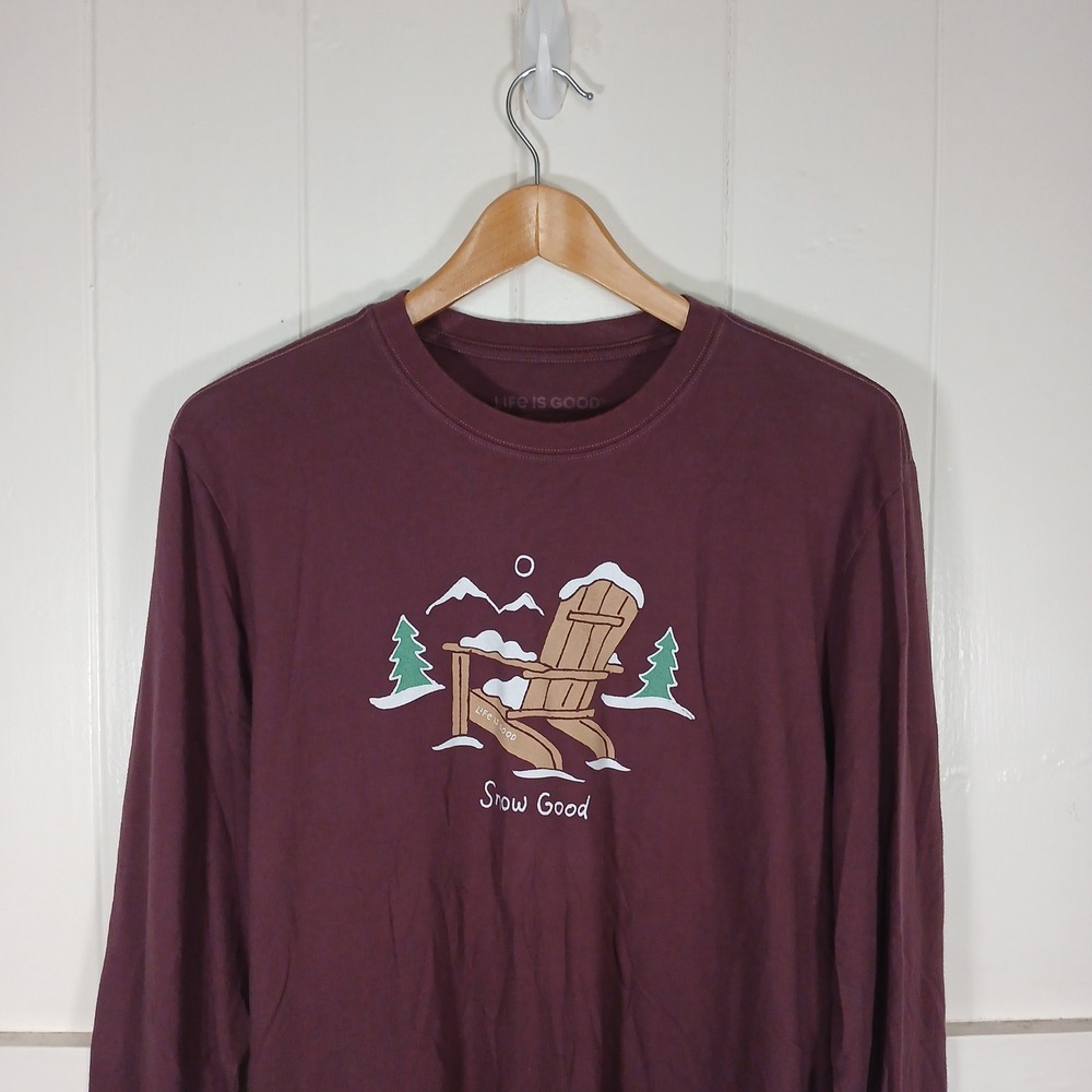 Life is Good Long Sleeve T-Shirt Mens Medium Burgundy Snow Good Graphic Tee SS